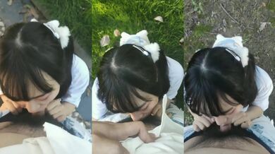 为求刺激非要拉着女友在公园吃鸡 中途有行人过来 吓坏了 用阳伞遮一下 只能摁着头快速深喉 终于出货口爆了